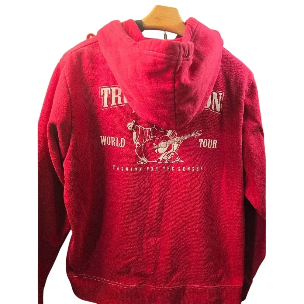 True Religion Mens Red World Tour Buddha Zip Up Hoodie Horseshoe Logo Sweatshirt